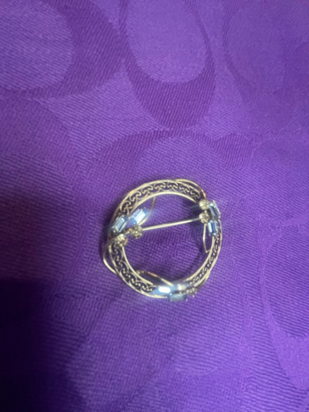 Gold-Tone Celtic Circle Brooch with Clear Stone Accents